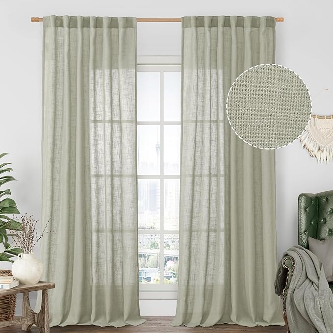 LAMIT 95 Inches Long Sage Grey Linen Curtains for Living Room, Back Tab and Rod Pocket Semi Sheer Curtains Light Filtering Farmhouse Drapes for Bedroom/Dining Room, Set of 2, 52 x 95 Inch