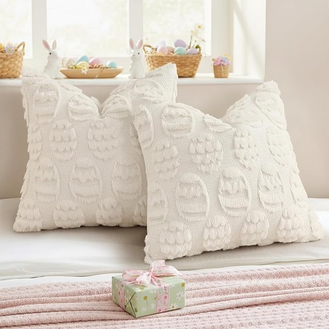 decorUhome Easter Cream White Egg Pillow Covers 18x18 Inch Set of 2, Soft Plush Faux Wool Jacquard Cushion Covers, Farmhouse Neutral Fuzzy Spring Easter Holiday Decor for Couch Sofa Bed
