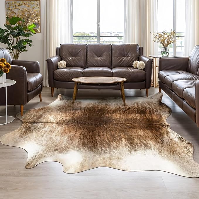 AROGAN Western Decor Faux Fur Cowhide Rug, 6.2 x 5.2 Feet Premium Animal Skin Cow Hide Rug, Durable Cow Print Rugs for Wall Decor, Western Floor Carpet for Bedroom Living Room, Brownish