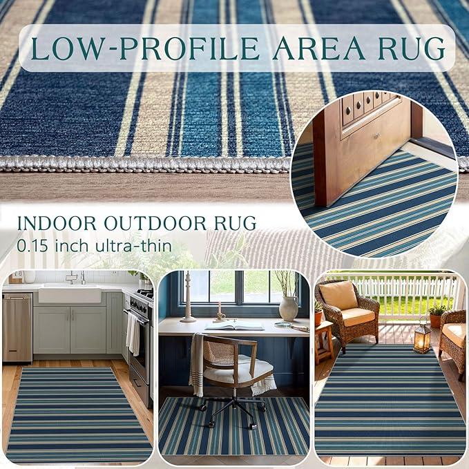 3x5 Striped Entry Rug - Small Washable Indoor Outdoor Mats for Front Door Non-Slip Porch Rug Navy Blue Coastal Throw Rugs for Bedroom Entryway Kitchen Office Welcome Layer Doormat Decor