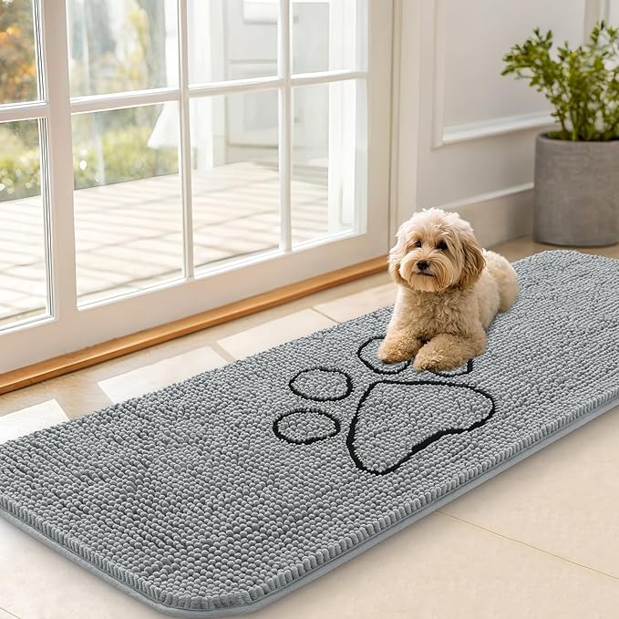 OLANLY Dog Door Mat for Muddy Paws 59x20, Paw Print Design, Absorbs Moisture and Dirt, Absorbent Non-Slip Washable Doormat, Quick Dry Chenille Mud Mat for Dogs, Entry Indoor Entryway Carpet, Grey