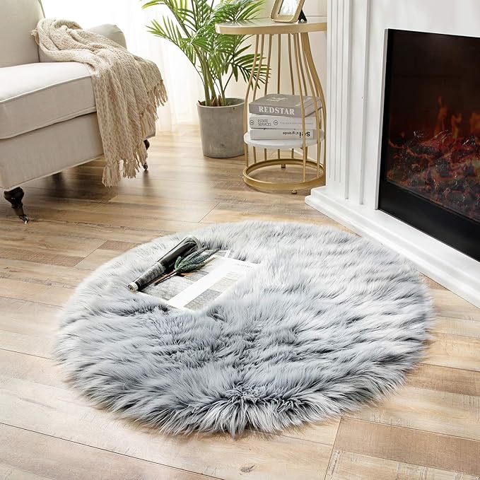Ashler faux fur rug, Fluffy Shaggy Area Rug Ultra Soft 3 x 3 Feet Round Fur Rug, Frosted Bottom Black Fuzzy Rug Machine Washable Shag Rug, Nursery Decor Throw Rugs for Bedroom, kids room, Living Room
