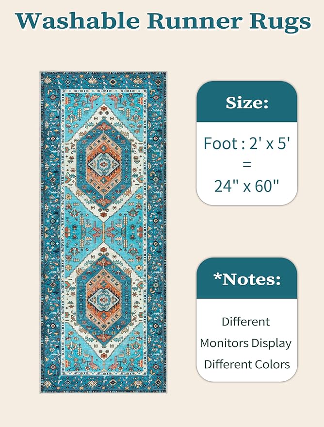 SERISSA Boho Washable Runner Rug, 2x5 Rug Runner Non-Slip Vintage Blue Hallway Kitchen Runner Rug Ultra Soft Print Distressed Tribal Floor Carpet Runner for Bedroom Bathroom Laundry Living Room