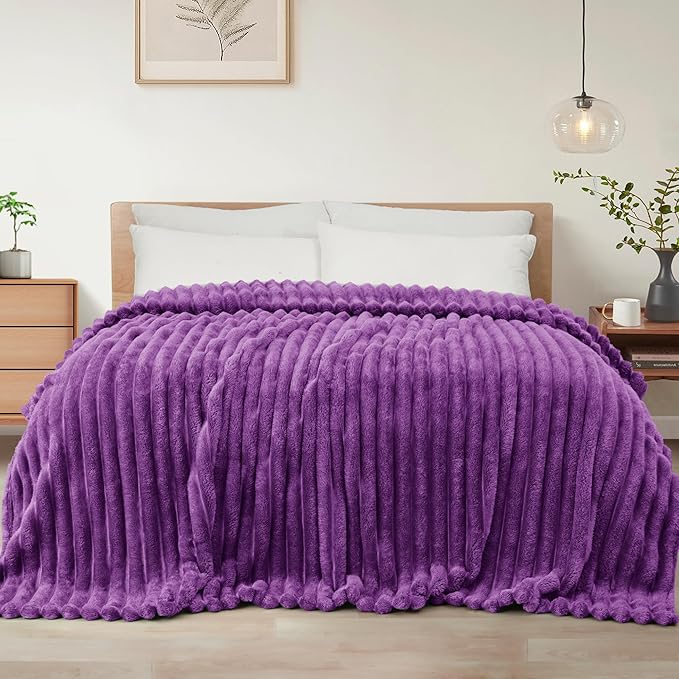 Exclusivo Mezcla Twin Size Flannel Fleece Blanket, Super Soft Striped Jacquard Bed Blanket, Lightweight Fuzzy Cozy for All Seasons, 60x80 Inches, Purple