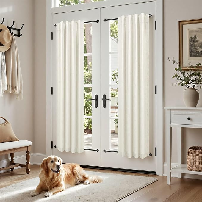 Pitalk 100% Blackout Cream Ivory Linen Curtains 48 Inches Long Linen Textured Living Room Kitchen Curtains Full Room Darkening Black Out Short Curtain for Bedroom Window 2 Panels 36 x 48 Inch Length