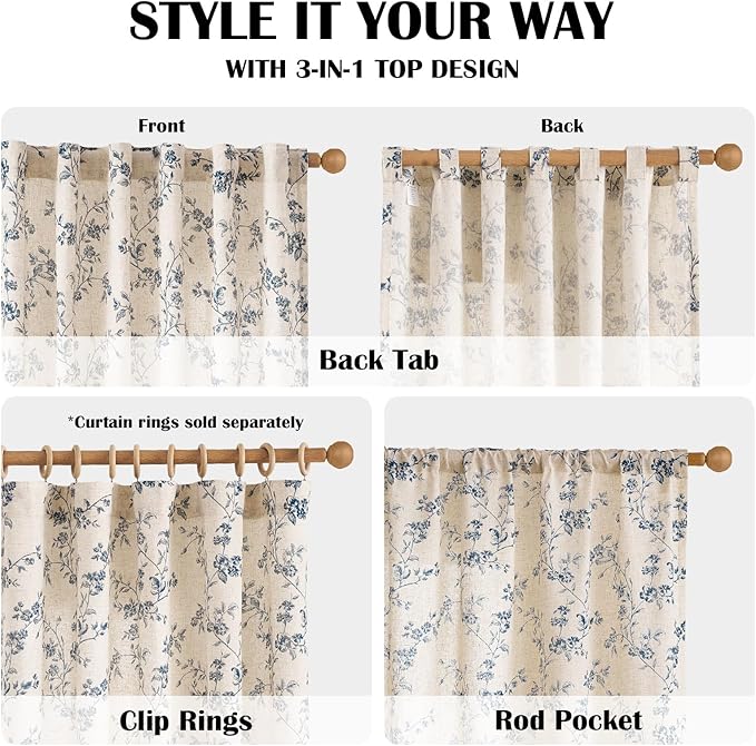Lazzzy Farmhouse Linen Curtains Extra Long Blue Floral Curtains 108 Inch Long Back Tab Drapes for Living Room Bedroom Light Filtering Country Vintage Rod Pocket, 2 Panels, Blue on Beige