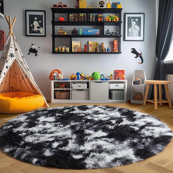 Amdrebio Black White Grey Round Rug 5Ft Circle Area Rugs for Living Room Bedroom, Fluffy Fuzzy Shaggy Furry Rugs for Kids Room Dorm Home Office, Shag Plush Floor Modern Cool Carpet for Men Teen Boys