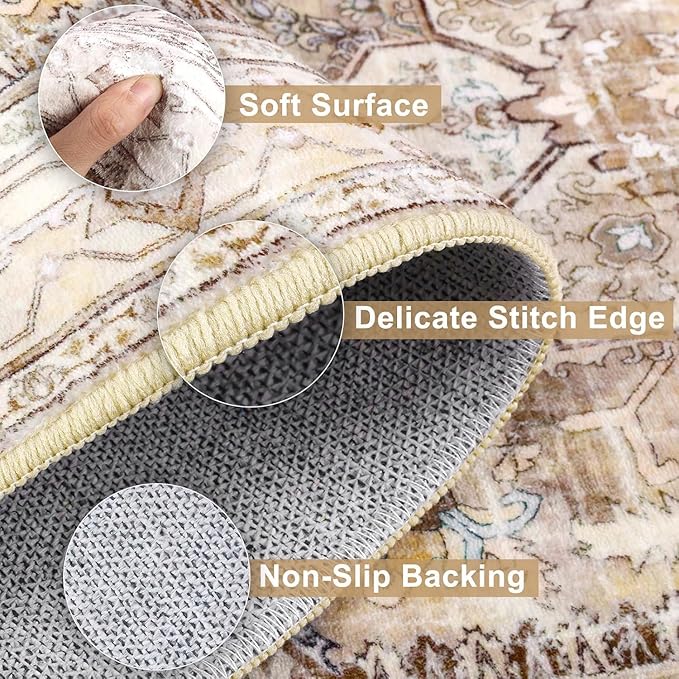 Yamaziot Washable Runner Rug, 3x8 Non-Slip Boho Vintage Hallway Rug with Rubber Backing, Low Pile Faux Wool Distressed Carpet Runner for Bedroom, Kitchen, Laundry, Entrance