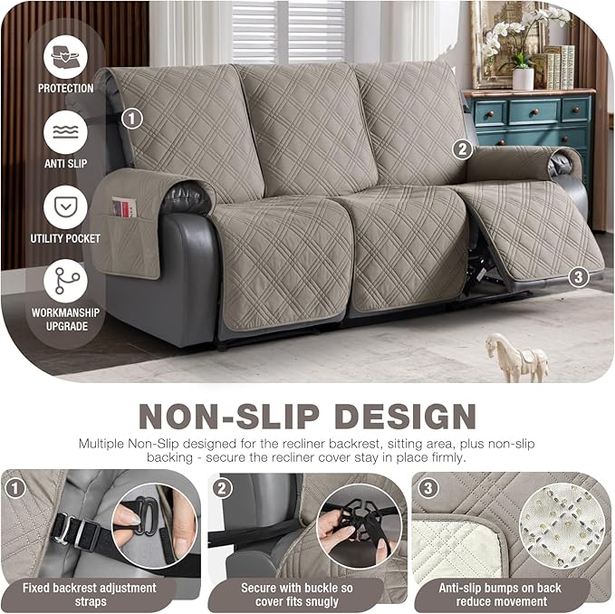 TAOCOCO Waterproof Recliner Sofa Cover, Non Slip Split Recliner Couch Covers with Elastic Straps Pocket, Washable Reclining Sofa Cover Furniture Protector for Kids, Dogs, Pets(3 Seater, Light Brown)