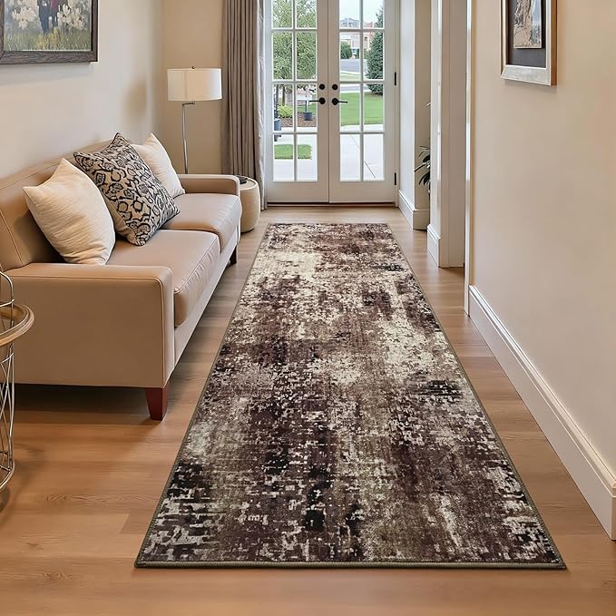 Runner Rug for Kitchen Coffee Hallways Runner Rug Non Slip 2'6''x8' Washable Brown Long Runner Rugs with Rubber Backing Soft Abstract Carpet Runner for Entryway, Kitchen, Bedroom, Bathroom