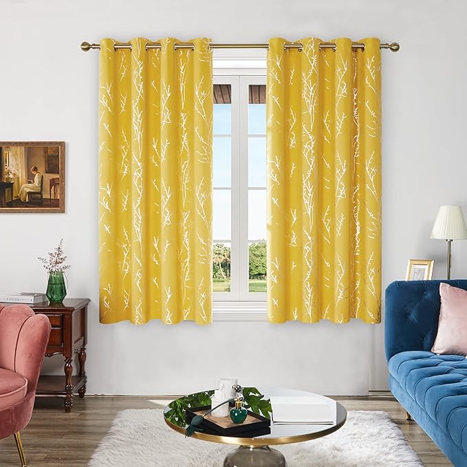 Deconovo Blackout Curtains Yellow, 52 x 84 Inch 2 Panels Set Drapes for Living Room, Modern Silver Tree Print Pattern, Thermal Insulated Soundproof Window Panel for Bedroom Office, Machine Washable