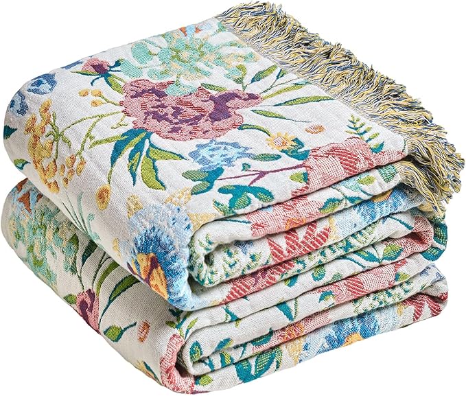 MSGKV Boho Throw Blanket 60"x80" Bed Floral 100% Cotton Blanket Spring Breathable Lightweight Farmhouse Twin Size Couch Blankets Home Decor Muslin Guaze All Seasons