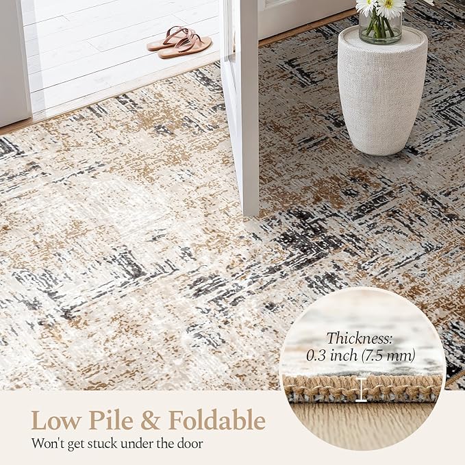 Rugflix 8x10 Washable Area Rugs, Neutral Boho Carpet Living Room Rug Non Slip Stain Resistant, Large Area Rug for Indoor Bedroom Dining Room Office, Brown