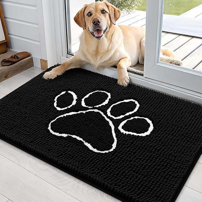 OLANLY Dog Door Mat for Muddy Paws 35x24, Paw Print Design, Absorbs Moisture and Dirt, Absorbent Non-Slip Washable Doormat, Quick Dry Chenille Mud Mat for Dogs, Entry Indoor Entryway Carpet, Black