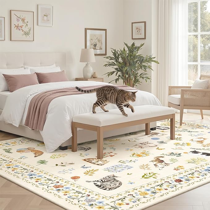 Cat 5x7 Area Rugs for Living Room, Machine Washable Animal Floral Vintage Rug Non-Slip Low Pile Soft Throw Rugs for Kitchen Dining Room Bedroom Nursery Playroom (5 x 7,Beige)