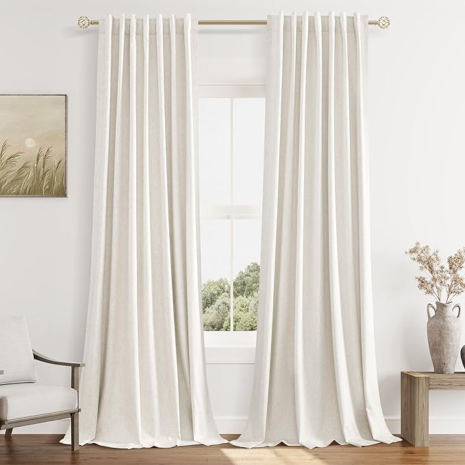 Beige White 100% Blackout Linen Curtains 84 Inch Length 2 Panels Set for Living Room Bedroom Back Tab Thermal Insulated Black Out Drapes Room Darkening Farmhouse Style for Bedroom Window Curtains