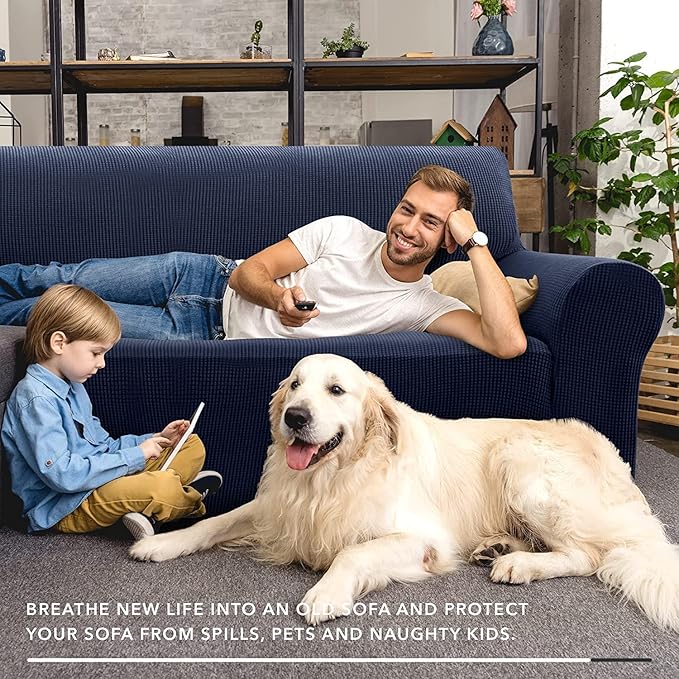 ZNSAYOTX Super Stretch Couch Cover (72"-92") Universal Sofa Covers with Elastic Bottom, Dog Cat Pets Friendly Washable Furniture Protector Fitted Sofa Slipcovers Stay in Place (Navy Blue, Sofa)