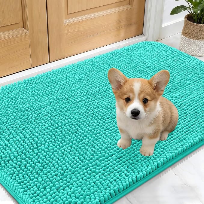 OLANLY Dog Door Mat for Muddy Paws 24x16, Absorbs Moisture and Dirt, Absorbent Non-Slip Washable Doormat, Quick Dry Chenille Mud Mat for Dogs, Entry Indoor Entryway Carpet for Inside Floor, Teal