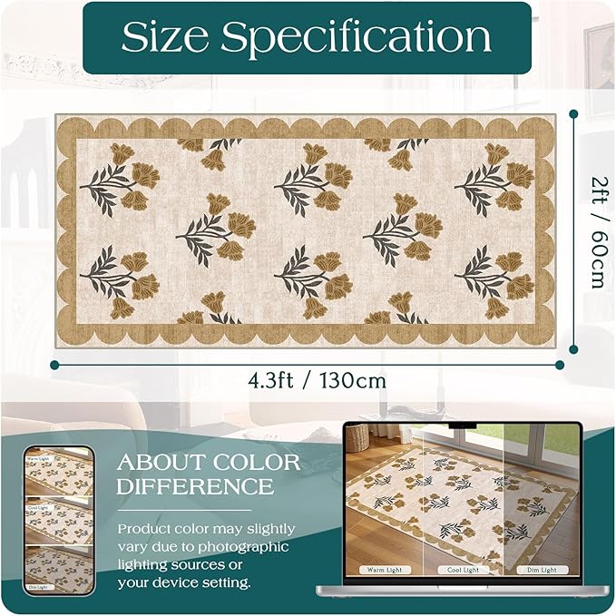 Front Door Mat Indoor Entrance - 2x4.3 Ft Floral Washable Layered Doormat Outdoor Entrance Spring Porch Rug Non-Slip Beige Boho Runner Rug for Kitchen Hallway Bedroom Laundry Room Porch Decor
