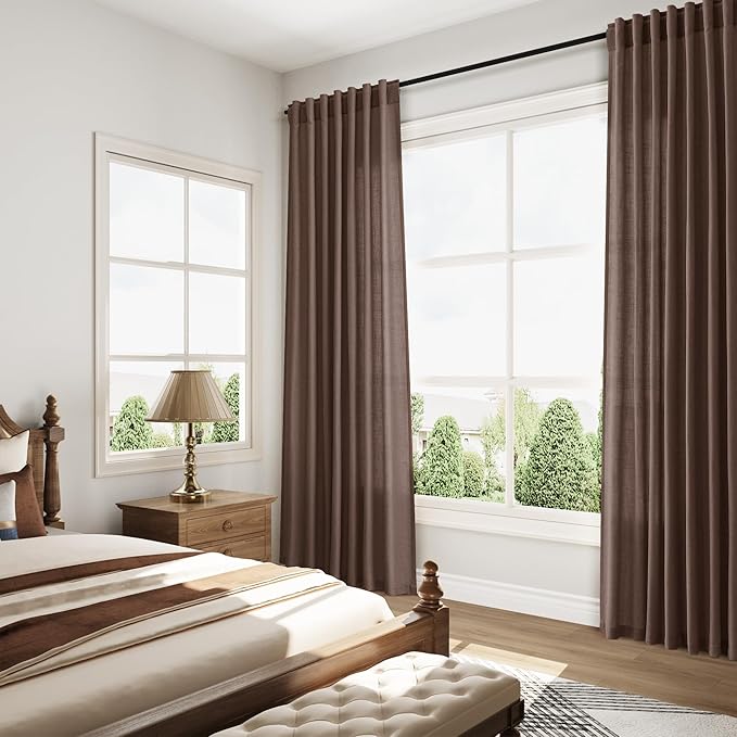 Cappuccino Linen Curtains 90 Inch Long 2 Panels Set for Bedroom Living Room, Soft Linen Textured Window Drapes Semi Sheer Light Filtering Rod Pocket Back Tab Morden Style 52x90