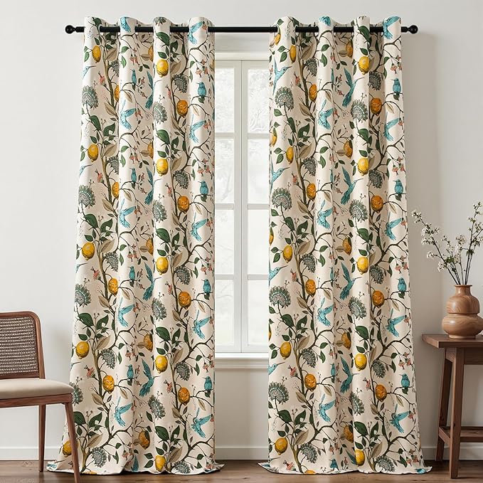 Topfinel Floral Curtains 96 Inches Long 2 Panels Unique Beige Luxury Elegant Colorful Euro Flower Hummingbird Patterned Rustic Vintage Grommet Drapes for Classroom Room Office Closet 52x96