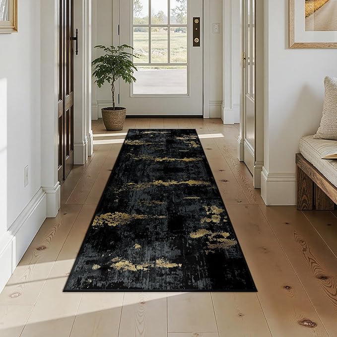 Washable Area Rugs 2x7 Non-Slip Modern Abstract Soft for Living Room Entryway Bedroom Nursery, Print Pattern, Dark Black Gold
