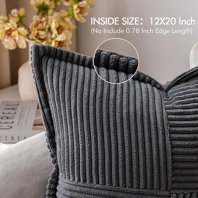 MIULEE Dark Grey Corduroy Lumbar Pillow Covers 12x20 Inch 12x20 Inch with Splicing Set of 2 Soft Boho Pillow Covers Broadside Decorative Textured Pillowcases for Couch Bed Livingroom