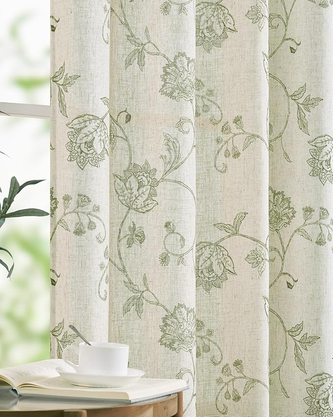 jinchan Linen Curtains Floral Curtains 96 Inch Length for Living Room Bedroom Light Filtering Rod Pocket Back Tab Farmhouse Curtains Flax Linen Texture Window Drapes Set 2 Panels Green on Linen
