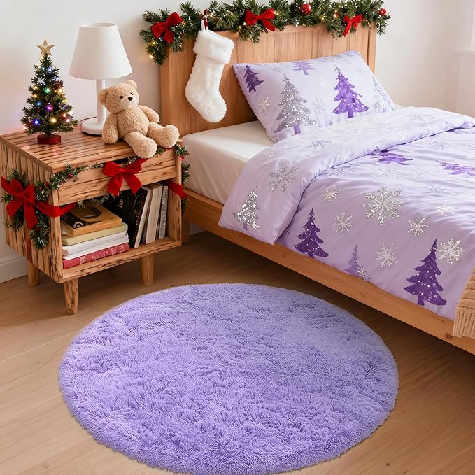 OLANLY Light Purple Round Rugs for Bedroom - Machine Washable, 3 ft Circle Area Rugs for Living Room, Soft and Fluffy Shaggy Carpet for Teen Girls and Boys, Nursery Rooms, Dorms, Home Decor Aesthetic