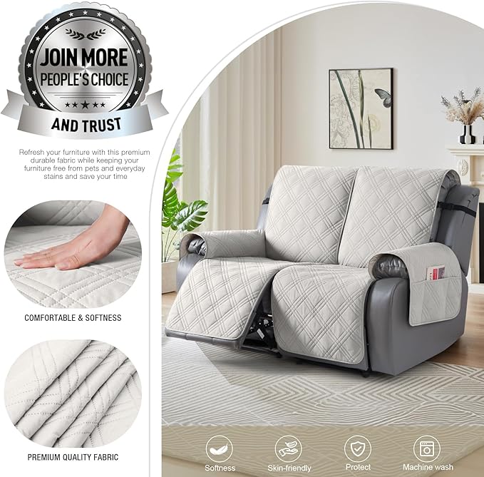 TAOCOCO 100% Waterproof Oversized Loveseat Recliner Cover, Non Slip Split Couch Covers for Reclining Loveseat with Elastic Straps for Kids Pets(Oversized 2 Seater, Off White)