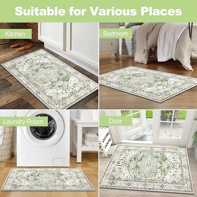 Yamaziot Washable Area Rug, 2x3 Small Entryway Rug Non-Slip Boho Vintage Rug with Rubber Backing, Low Pile Faux Wool Soft Distressed Floor Carpet for Indoor Door Mat, Kitchen, Laundry Bathroom