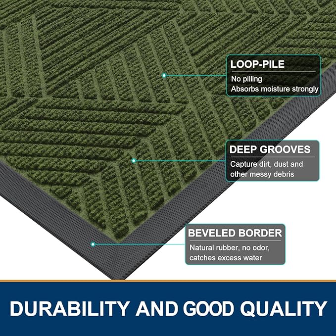 Smiry Front Door Mat Outside Entrance, Heavy Duty Sturdy Natural Rubber Doormat, Trap Dirt and Moisture, Easy Clean Low Profile Welcome Floor Mats for Indoor Outdoor Entry, 35X23 Inch, Forest Green