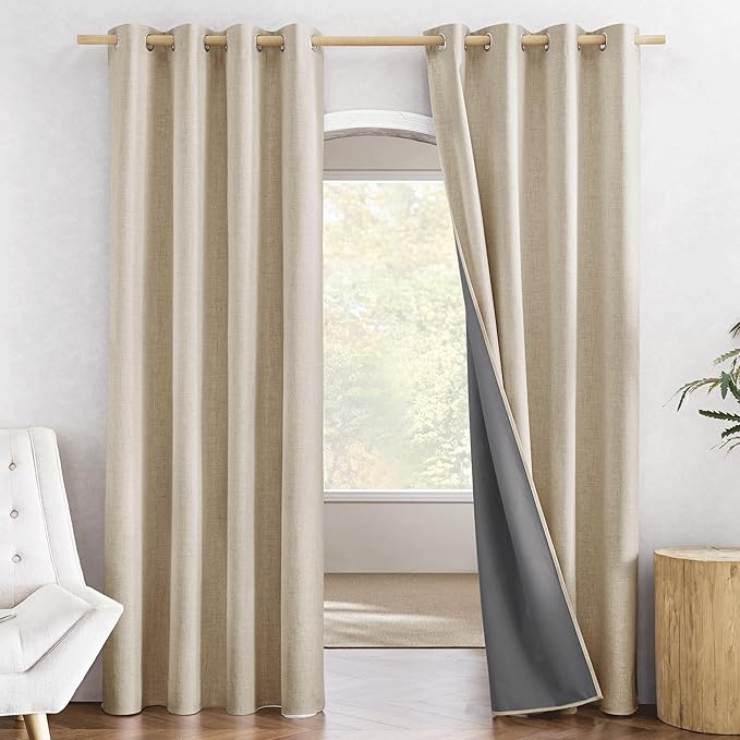 NICETOWN Farmhouse Style 100% Blackout Cream Linen Curtains 90 inches Length, 2 Panels, 52" W, Room Cooling Window Draperies with Thermal Insulated Liners for Dining Room