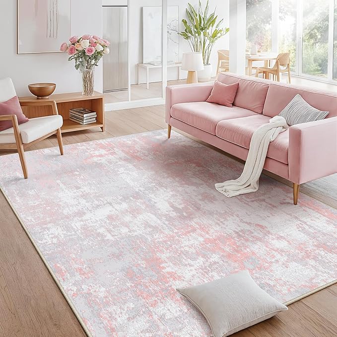 Washable Area Rugs 6'x8' Non-Slip Modern Abstract Soft for Living Room Entryway Bedroom Nursery, Print Pattern, Grey Pink