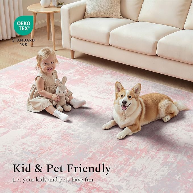Rugflix 5x7 Area Rugs for Living Room, Washable Large Rug Stain-Resistant Low Pile, Modern Carpet for Dining Room Home Office Kid Room Nursery Bedroom, Pink Grey