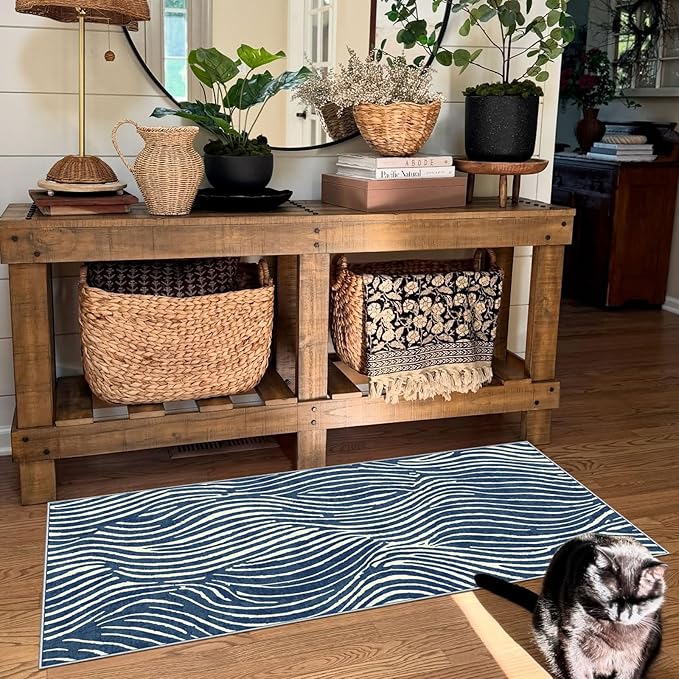 Front Door Mat Indoor Entrance - 2x4.3 Ft Modern Washable Layered Doormat Outdoor Entrance Porch Rug Non-Slip Abstract Blue White Waves Runner Rug for Kitchen Bedroom Laundry Room Porch Decor