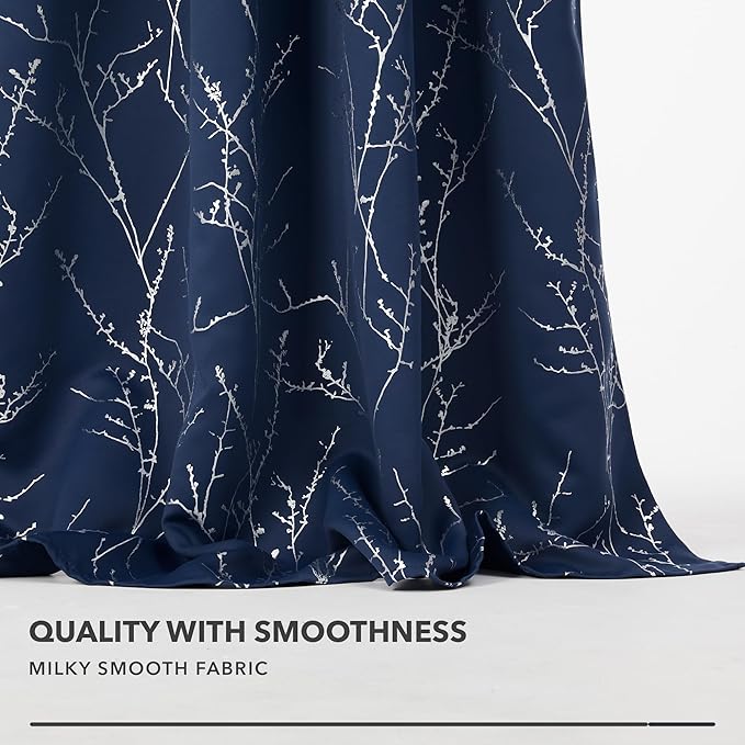 Deconovo Blackout Curtains, Navy Blue Curtain, Thermal Insulated Soundproof Drapes, Branch Silver Print, 42 x 72 Inch Long, Machine Washable Grommet Panels for Bedroom Living Room Office, Set of 2