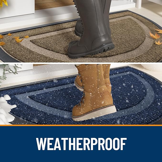 OLANLY Half Circle Door Mat Indoor Outdoor Entrance Welcome, Waterproof All-Season, All-Weather Doormat, Sturdy Natural Rubber, Low Profile, Easy Clean Patio Porch Entryway Mat, 47x23, Light Blue