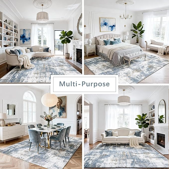 Washable Rugs 8x10 Area Rugs for Living Room,Modern Abstract Rugs for Bedroom,Large Carpets,Ultra Soft Faux Wool Dining Room Rug,Non Slip Low Pile Print Rug- Blue- (White-Reddish Brown)