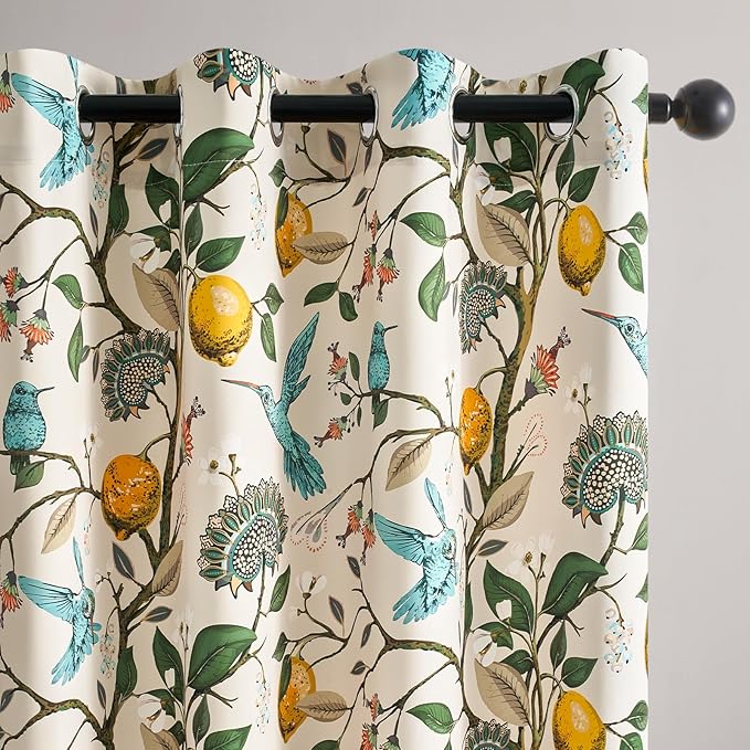 Topfinel Beige Kitchen Tier Curtains 36 Inches Long Botanical Floral Hummingbird Grommet Room Darkening Half Window Drapes for Rv Cafe Basement Bathroom Dinning Room 2 Panels