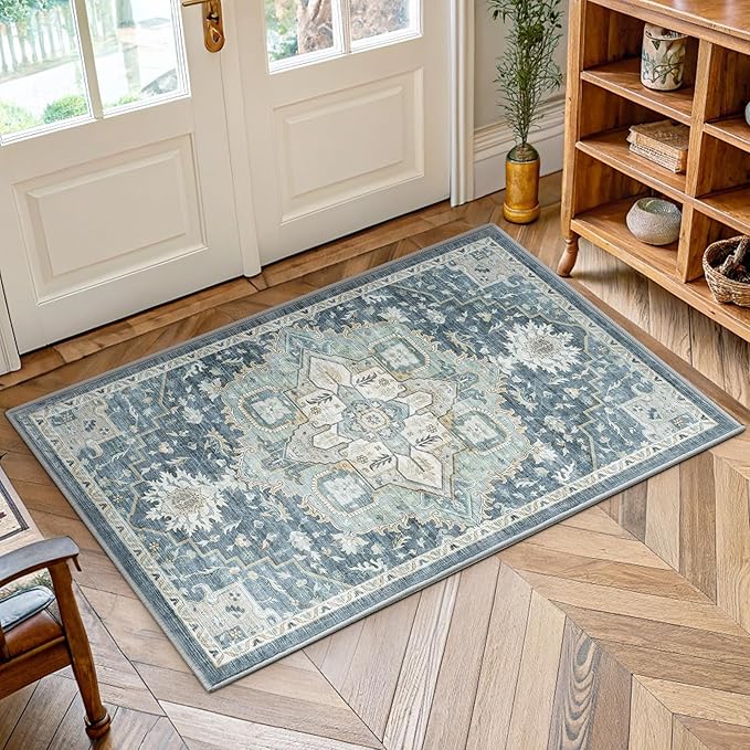 AMADA HOMEFURNISHING 2x3 Washable Area Rug, Low-Profile Entryway Rug with Non-Slip Backing & Durable Edge Binding, Vintage Rug Pattern, Small Rugs for Entryway, Kitchen & Living Room