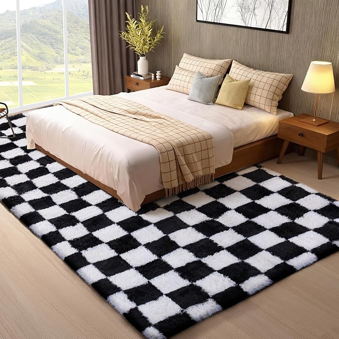 Ophanie Checkered Black & White Rug for Living Room Bedroom, Fluffy Soft Cute Fuzzy Area Rugs, Shag Plush Shaggy Bedside Floor 8x10 Furry Carpet for Kids Baby Teen Dorm Nursery Home Decor Aesthetic