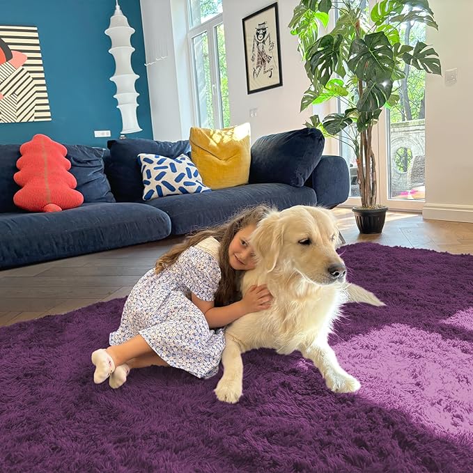 OLANLY Area Rugs for Living Room Bedroom, Machine Washable 4x5.9 ft Soft Fluffy Shaggy Bedside Rug, Indoor Floor Carpet for Kids Girls and Boys, Dorms, Nursery Rooms, Home Decor Aesthetic, Dark Purple