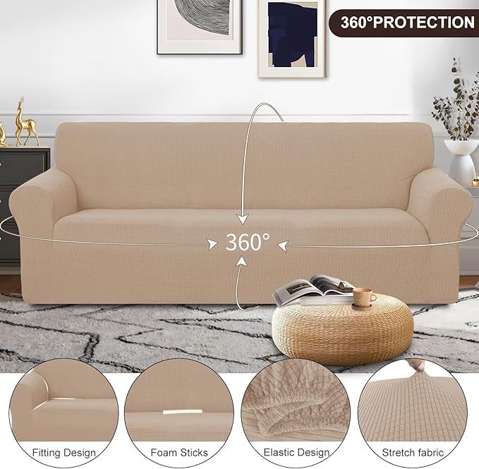 U-NICE HOME 4 Seater Stretch Couch Cover Sofa Cover Washable Sofa Slipcover Furniture Protector for 3 Cushion Couch Sofa Pet Friendly, Camel