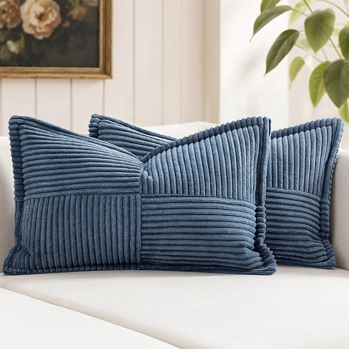 MIULEE Decorative Lumbar Throw Pillow Covers for Couch Bed Livingroom 12x24 Inch Set of 2 Blue Boho Accent Throw Pllows Broadside Striped Patchwork Soft Corduroy Summer Coastal Pillowcases