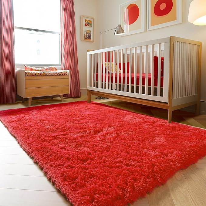 ONASAR Red Area Rugs for Bedroom Living Room, Fluffy 4x6 Indoor Bedside Floor Throw Rug, Soft Plush Shaggy Carpet for Nursery Kids Girls Boys Teen Dorm Home Office Decor Aesthetic