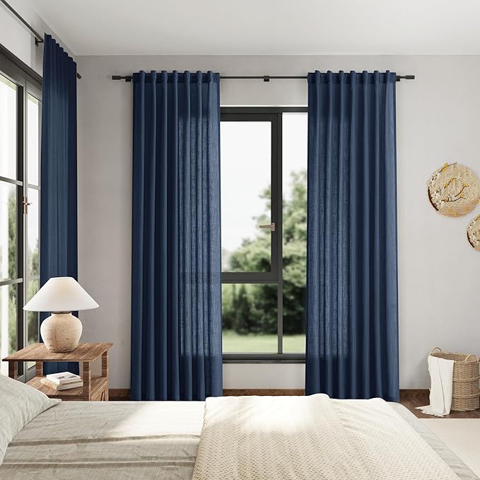 Denim Blue Linen Curtains 108 Inches Long for Living Room 2 Panels Set Extra Long Back Tab Curtain Semi Sheer Light Filtering Denim Blue Drapes Floor to Ceiling Curtains for Large Windows 52x108