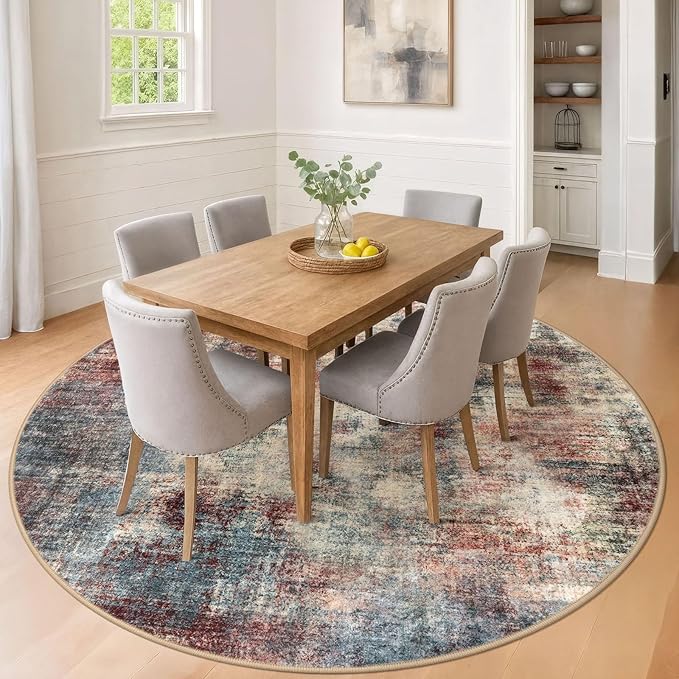 IOHOUZE Abstract Round Area Rug 8 Ft Washable Circle Rugs Large Round Rug Non Slip Thin Soft Circle Rugs, Printed Faux Wool Floor Carpet for Bedroom Living Room Dining Room Nursery, Red/Multi