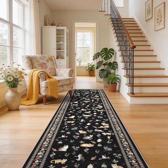 2x10 Washable Hallway Runner Rug - Soft Low Pile Floral Animal Cat Print Rugs with Non-Slip Backing Waterproof Stain-Resistant Indoor Carpet for Kitchen Entryway Bathroom Bedroom (Black)