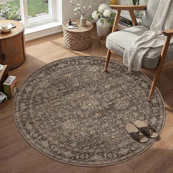 4x4 Washable Round Rug for Living Room Bedroom Vintage Brown Soft Low Pile Carpet Traditional Retro Non Slip Cirlce Rug for Dining Room Entryway Indoor Dorm Kitchen